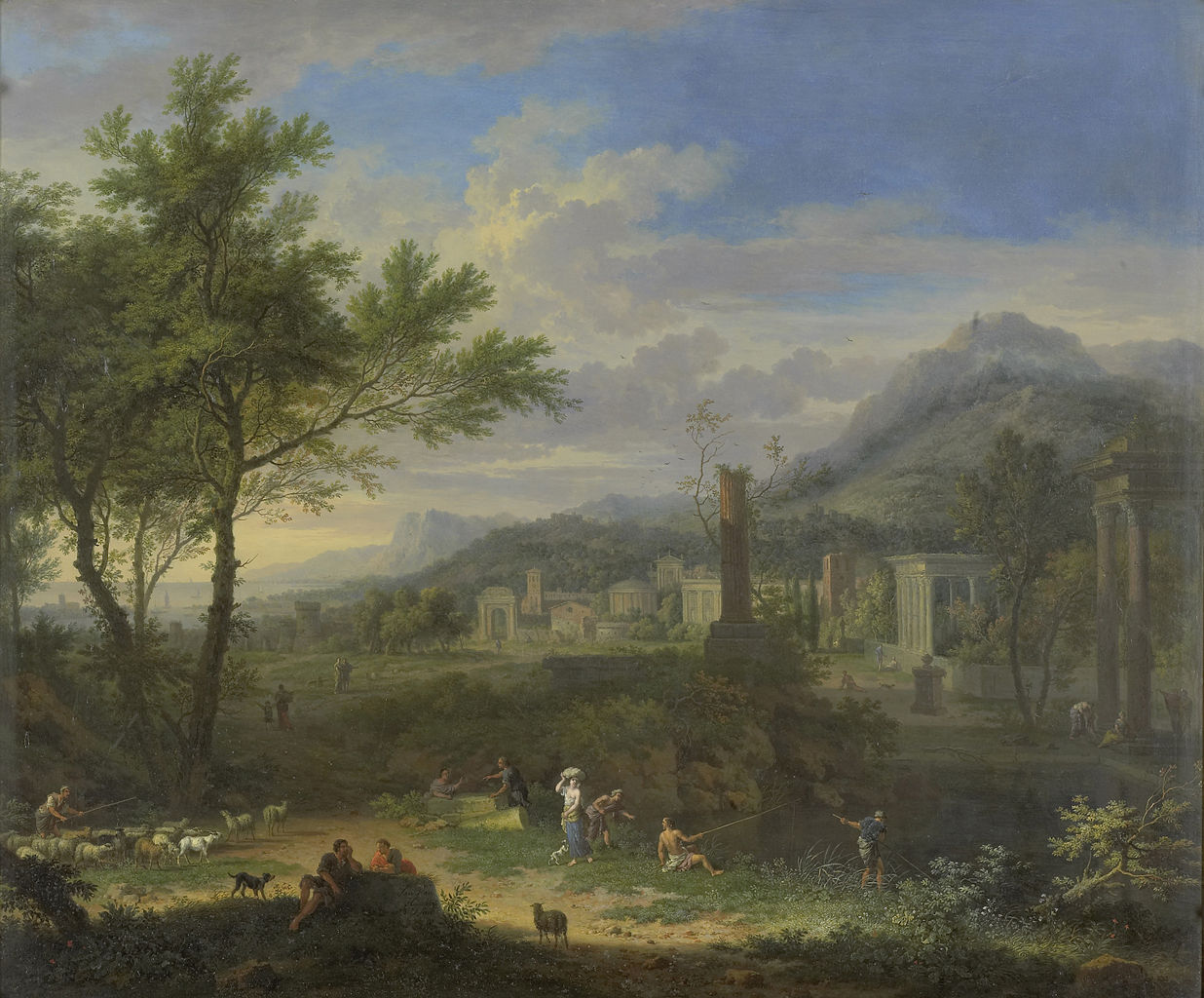 Arcadian Landscape with Fishermen, vintage artwork by Jan van Huysum, 12x8" (A4) Poster