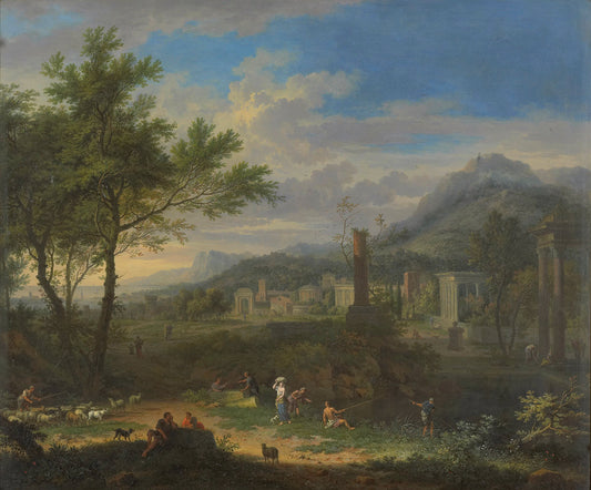 Arcadian Landscape with Fishermen, vintage artwork by Jan van Huysum, 12x8" (A4) Poster