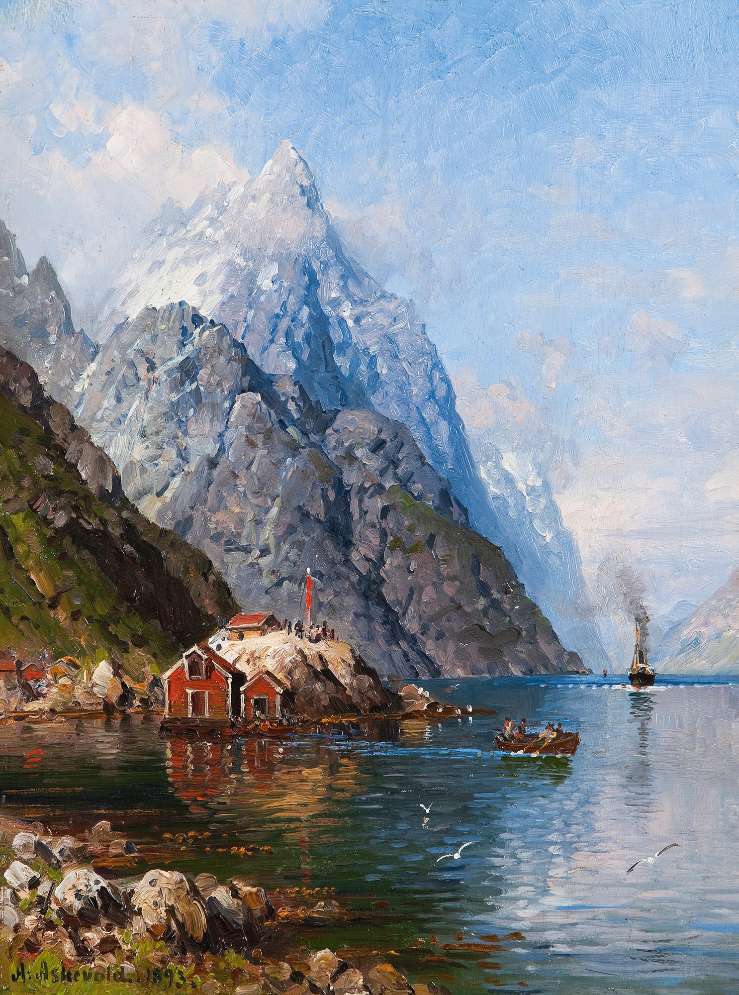 The steamer entering Sognefjord, vintage artwork by Anders Monsen Askevold, 12x8" (A4) Poster