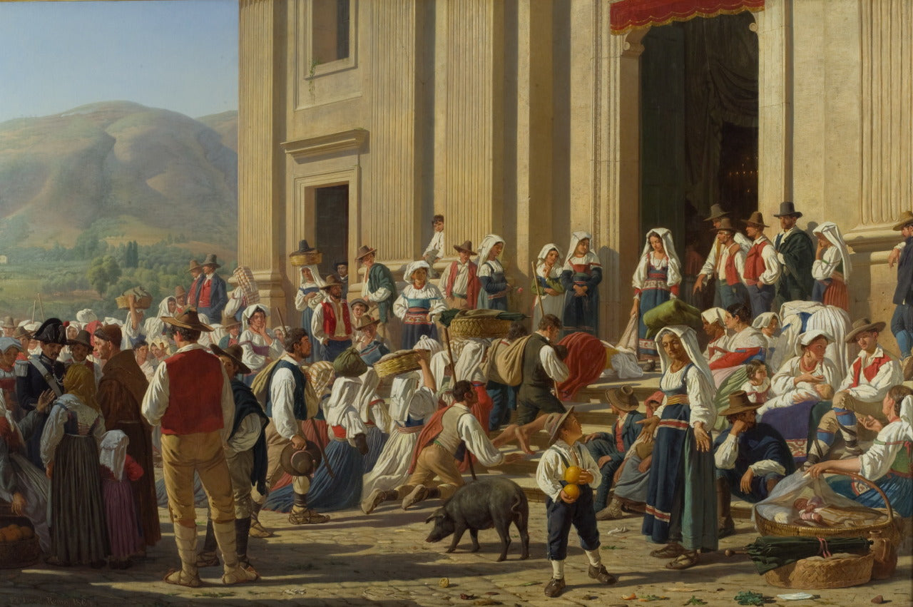 Outside the Santa Maria Church in Genazzano, Italy, vintage artwork by Frederik Christian Lund, 12x8" (A4) Poster