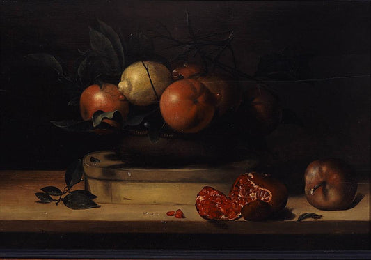 Bowl of Lemons and Oranges on a Box of Wood Shavings and Pomegranates, vintage artwork by Louise Moillon, 12x8" (A4) Poster