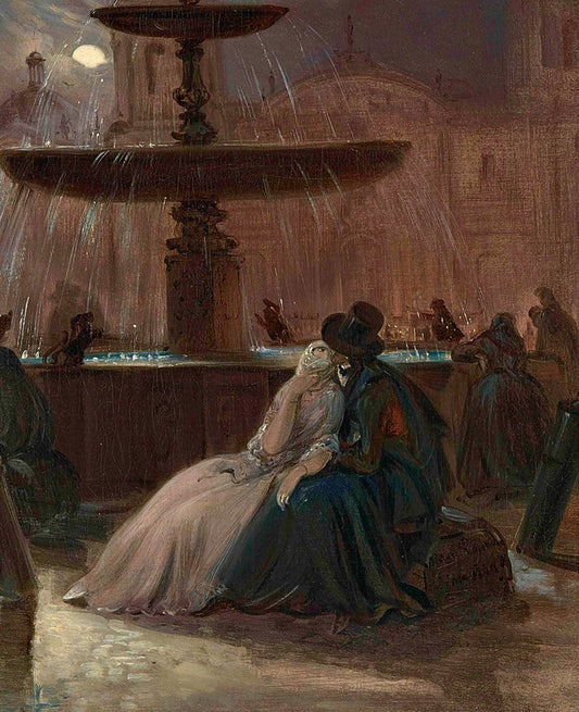 A lovers' tryst by  moonlight, Plaza Mayor, Lima, vintage artwork by Johann Moritz Rugendas, A3 (16x12") Poster Print
