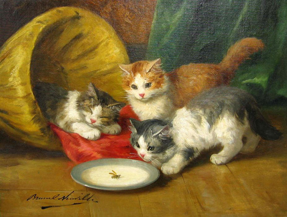 e kittens with a saucer of milk by Alfred Brunel de Neuville,A3(16x12")Poster