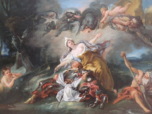 Armide, sur le point de poignarder Renaud desarmee à la vue de ce heros endormi (study), vintage artwork by Jean-François de Troy, 12x8" (A4) Poster