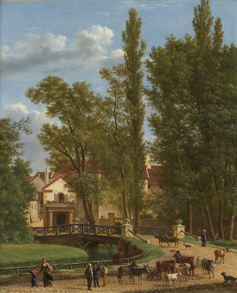 Villagers and animals in a landscape beside a bridge at the entrance of a village, vintage artwork by Jean-Joseph-Xavier Bidauld, 12x8" (A4) Poster