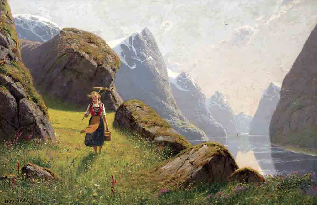 Summer in the Fjord, vintage artwork by Hans Dahl, 12x8" (A4) Poster