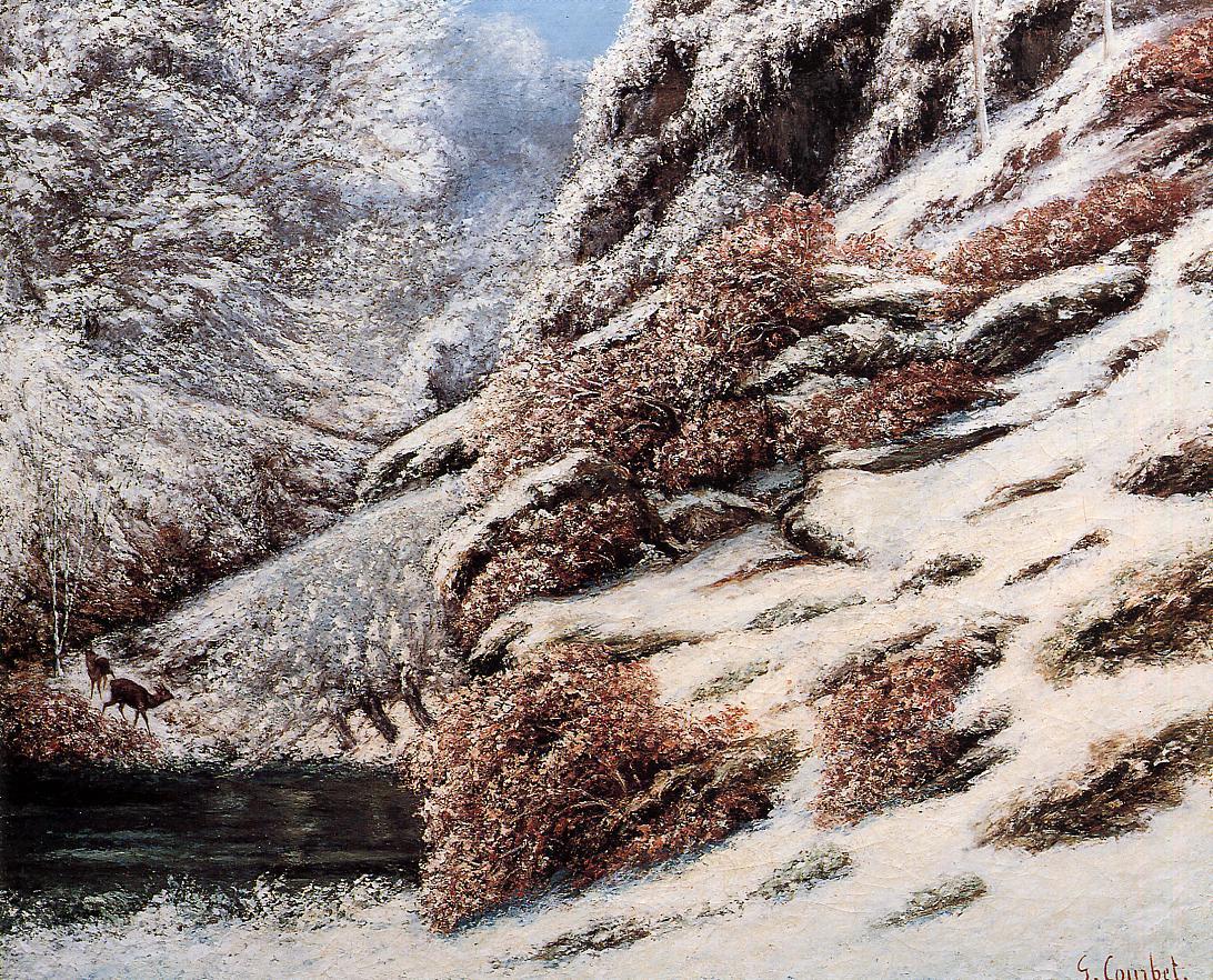 Deer in a Snowy Landscape, vintage artwork by Gustave Courbet, A3 (16x12") Poster Print
