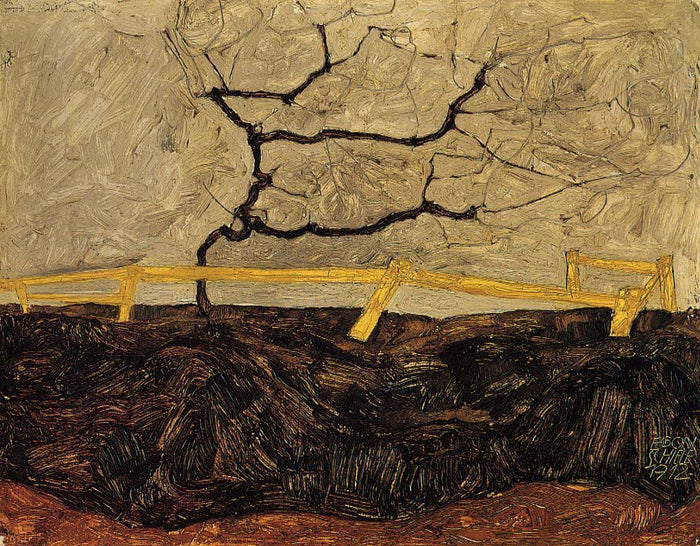 Bare Tree behind a Fence, vintage artwork by Egon Schiele, 12x8