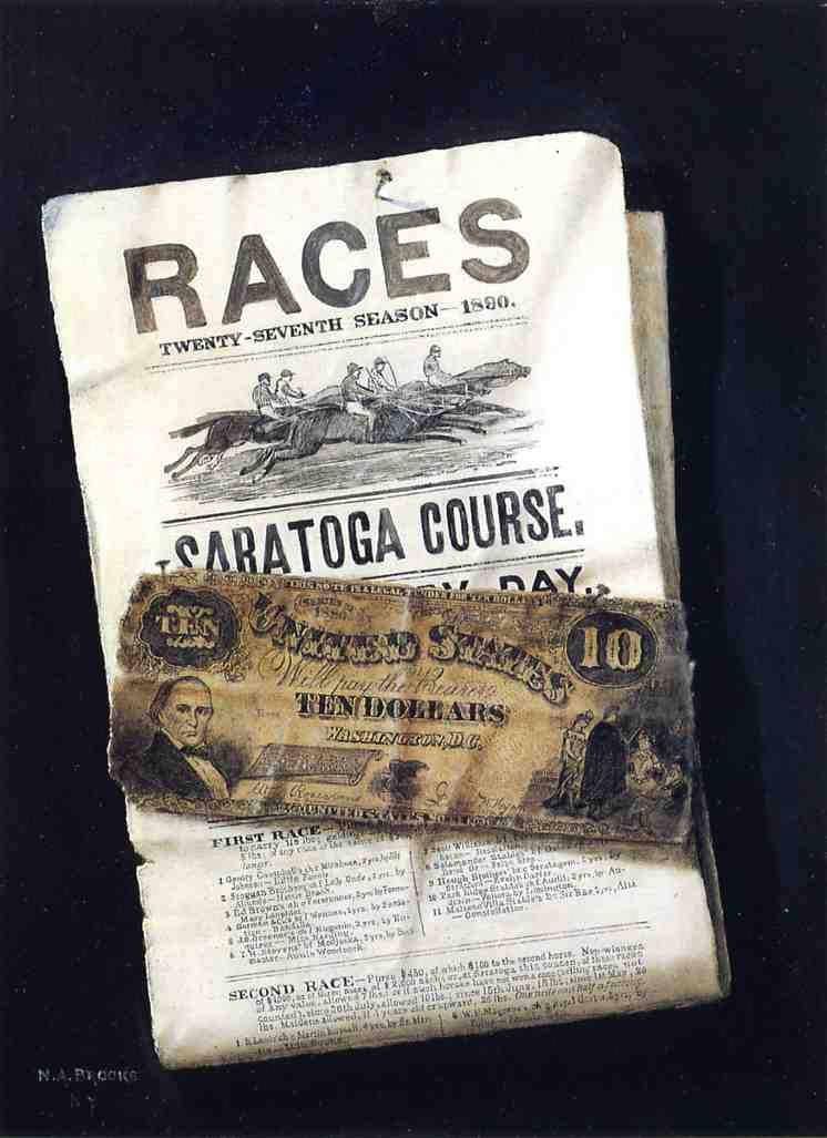 Ten Dollars on the First Race, Saratoga, vintage artwork by Nicholas Alden Brooks, 12x8" (A4) Poster