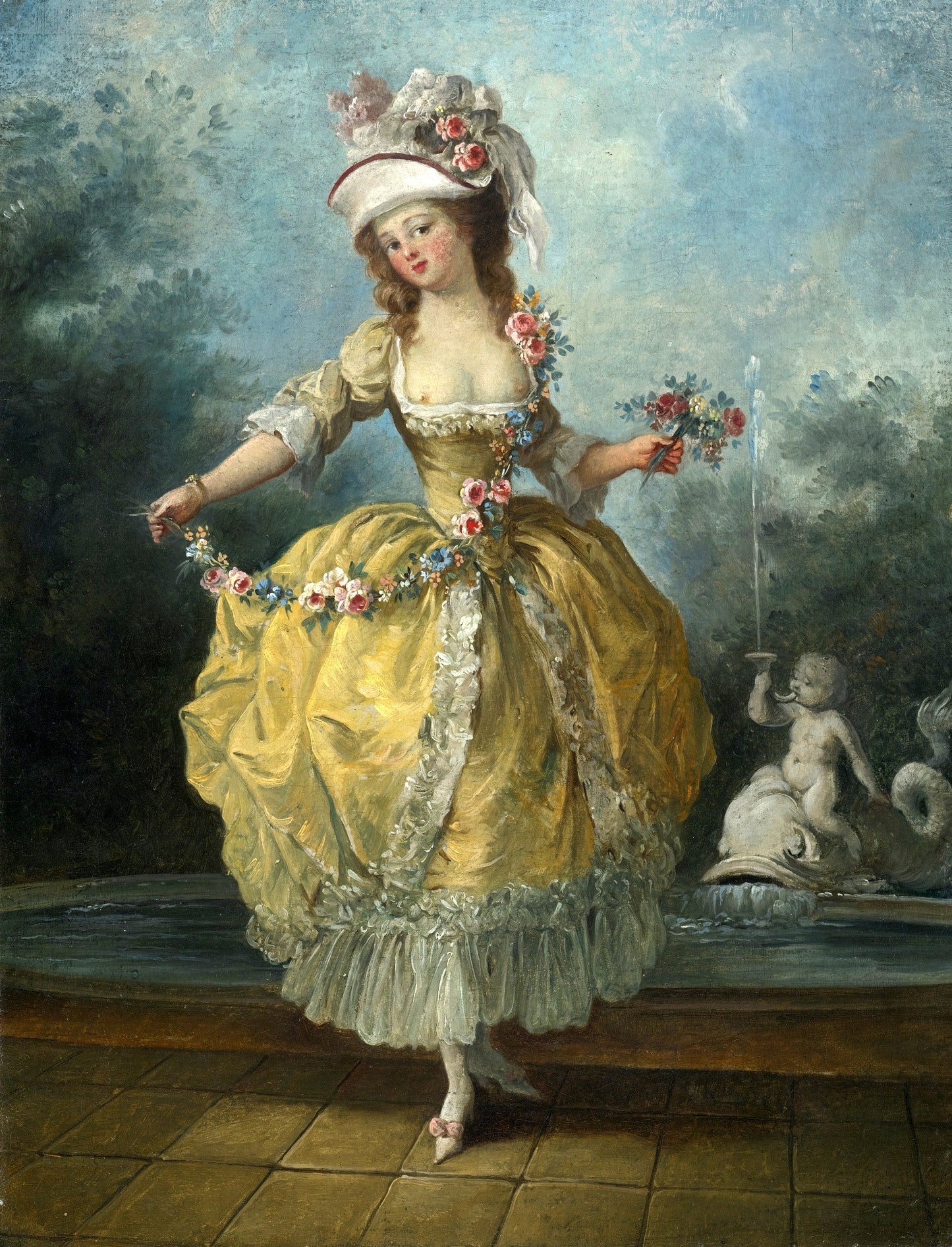 A Young Lady in a Garden, Holding a Garland of Flowers, vintage artwork by Jean-Frederic Schall, 12x8" (A4) Poster