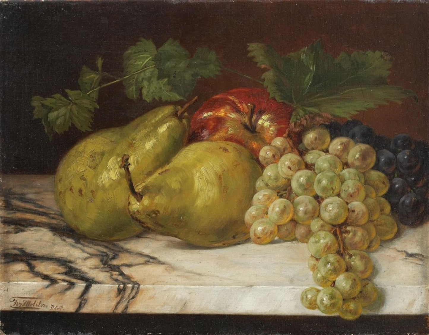 Still Life with Pears, Apple and Grapes, vintage artwork by Franz Militor, 12x8" (A4) Poster