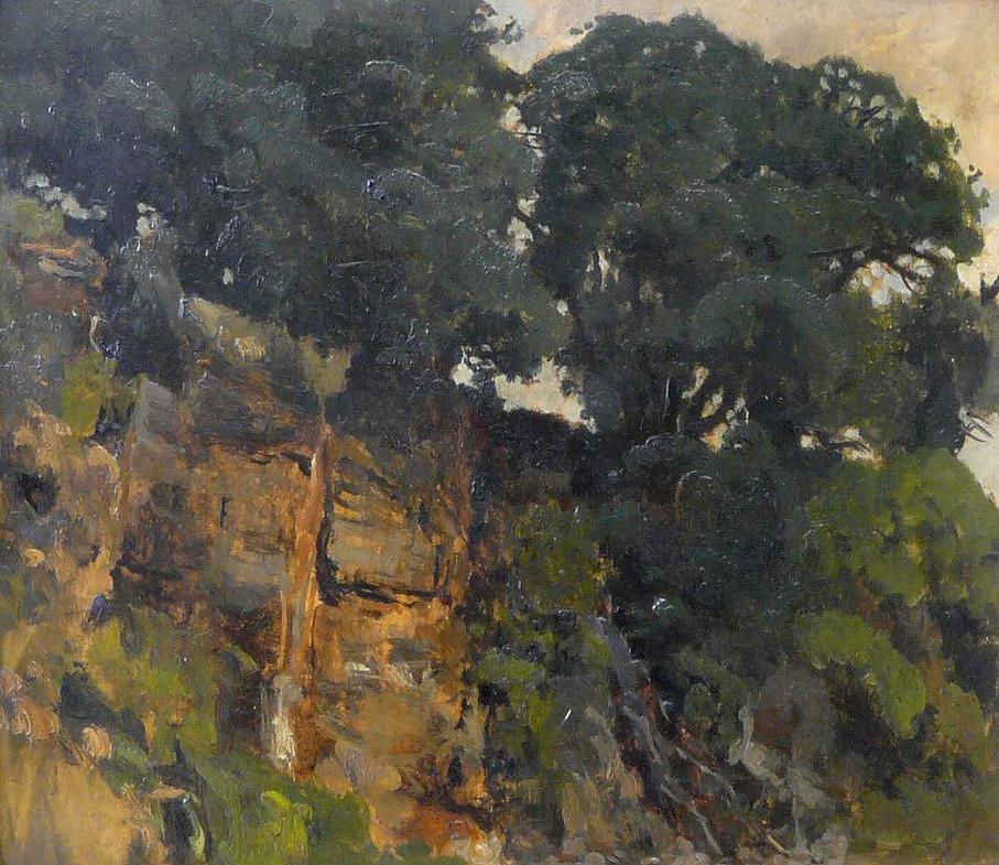 Oaks on a Rocky Ridge (Eichen auf Felsenkamm), vintage artwork by Eugen Felix Prosper Bracht, 12x8" (A4) Poster