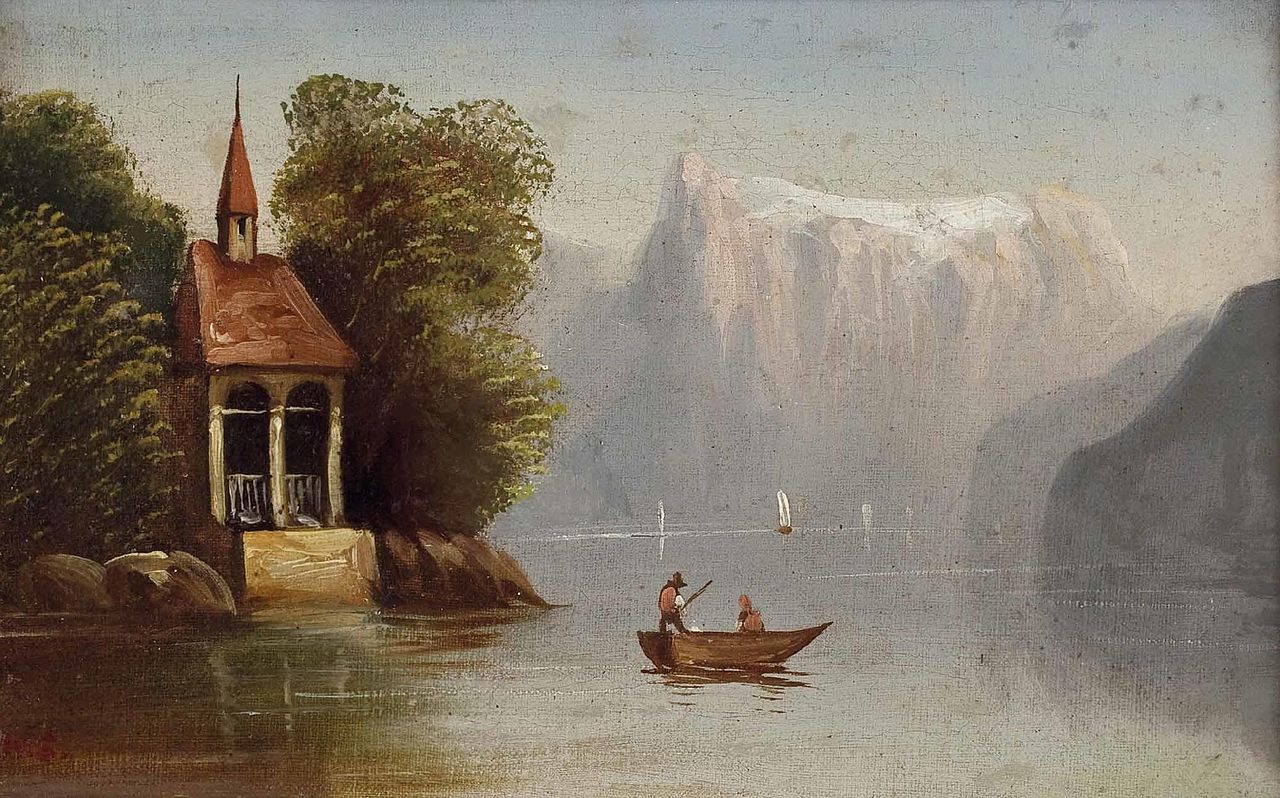 View of the Tell Chapel on Lake Lucerne, vintage artwork by Hubert Sattler, A3 (16x12") Poster Print