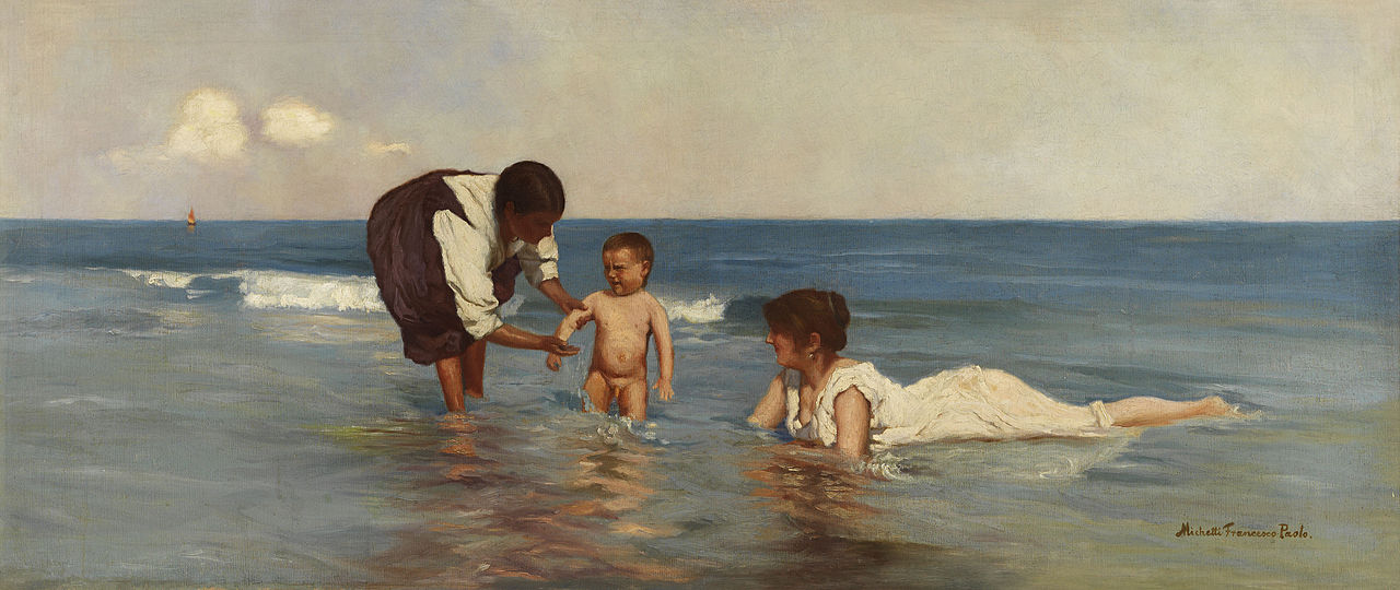 Annunziata Michetti with son Giorgio and nanny in Francavilla al Mare, vintage artwork by Francesco Paolo Michetti, 12x8" (A4) Poster