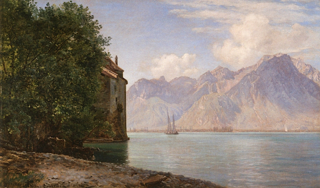 Château de Chillon, Lake Geneva, vintage artwork by Janus La Cour, 12x8" (A4) Poster