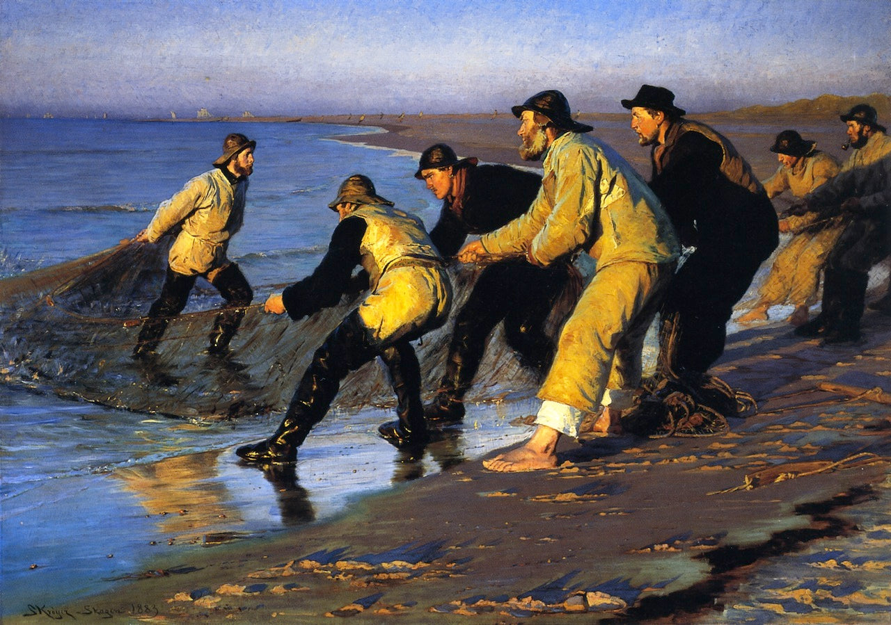 Fishermen Hauling the Net on Skagen's North Beach, vintage artwork by Peder Severin Kroyer, 12x8" (A4) Poster