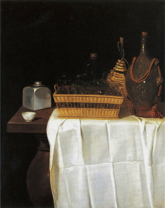 Glass jugs in glass and silver fiasco, vintage artwork by Sebastien Stoskopff, 12x8" (A4) Poster