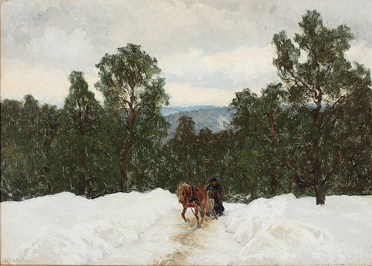 A Horse-Drawn Sleigh in a Winter Landscape, vintage artwork by Olof Arborelius, 12x8" (A4) Poster