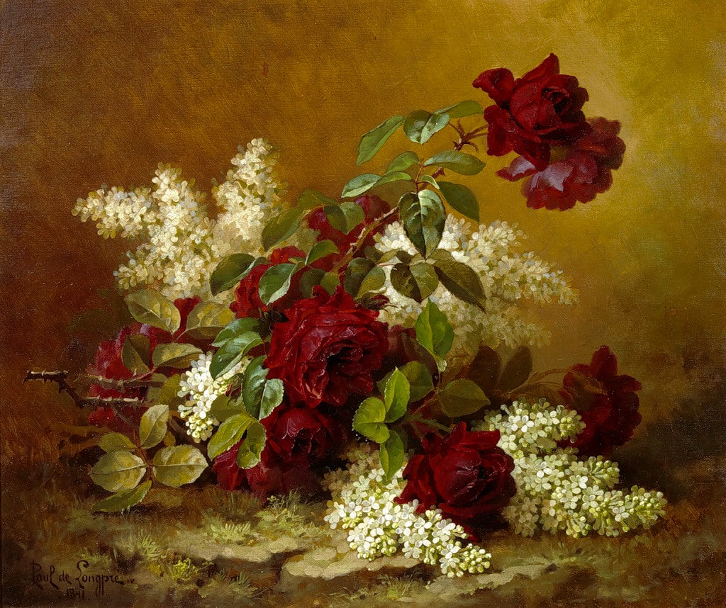 Still Life With Red Roses And Lilacs by Paul De Longpre,A3(16x12")Poster