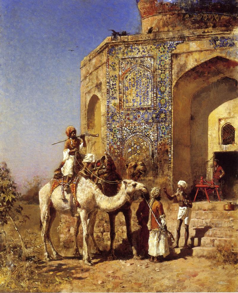Old Blue-Tiled Mosque, Outside of Delhi, India, vintage artwork by Edwin Lord Weeks, 12x8" (A4) Poster