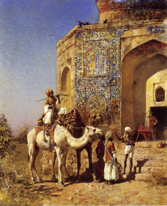 Old Blue-Tiled Mosque, Outside of Delhi, India, vintage artwork by Edwin Lord Weeks, 12x8" (A4) Poster