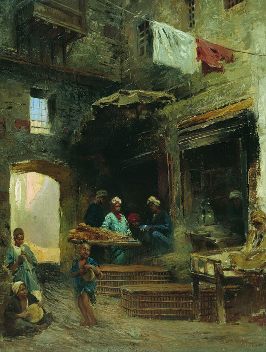 A Cairene Courtyard, vintage artwork by Konstantin Yegorovich Makovsky, 12x8" (A4) Poster