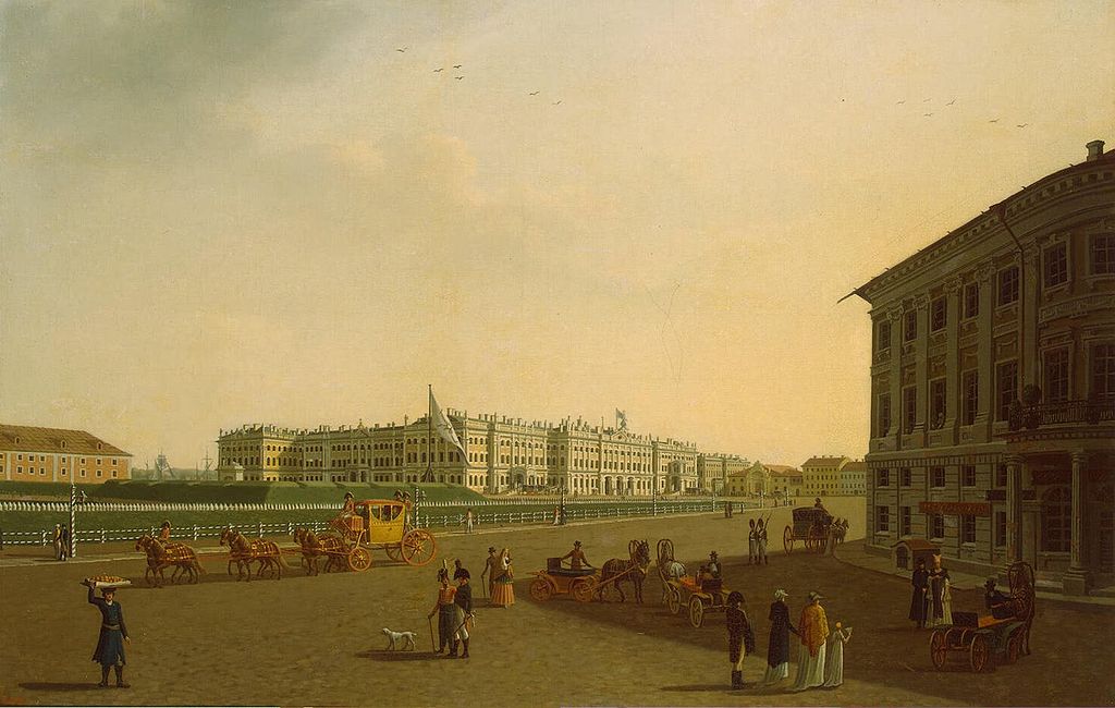 View of Palace Square and Winter Palace from the beginning of Nevsky Prospect, vintage artwork by Benjamin Patersen, 12x8" (A4) Poster