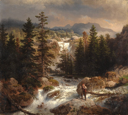 A Fisherman Inspecting his Cath near a Mountain Torrent, vintage artwork by Andreas Achenbach, A3 (16x12") Poster Print