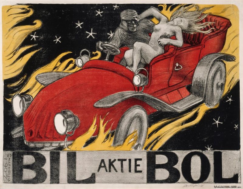 Bil-Bol, Poster for an Automobile Retailer, vintage artwork by Akseli Gallen-Kallela, 12x8" (A4) Poster