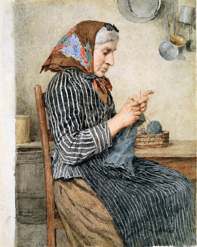 Farm Woman Knitting in the Kitchen, vintage artwork by Albert Anker, 12x8" (A4) Poster