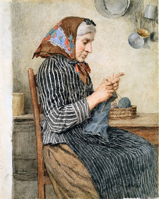 Farm Woman Knitting in the Kitchen, vintage artwork by Albert Anker, 12x8" (A4) Poster