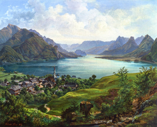 Lake Wolfgang with View of St. Gilgen, vintage artwork by Friedrich Loos, A3 (16x12") Poster Print