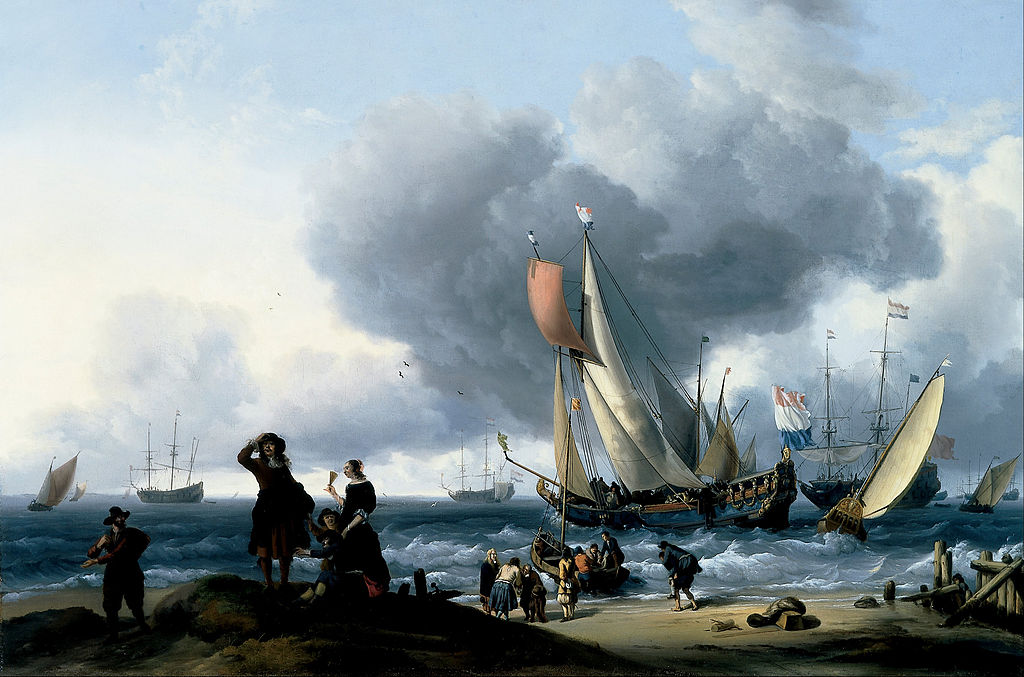 Dutchmen Embarking onto a Yacht, vintage artwork by Ludolf Backhuysen, 12x8" (A4) Poster