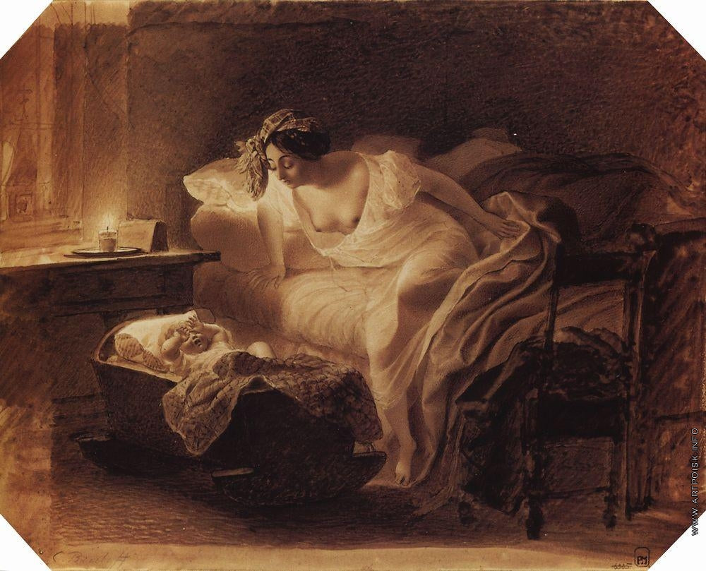 Mother Awoken by  Her Crying Child, vintage artwork by Karl Pavlovich Brulloff, A3 (16x12") Poster Print