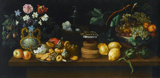 Still Life with Sweets, Flowers and Wine Cooler, vintage artwork by Juan Bautista de Espinosa, 12x8" (A4) Poster