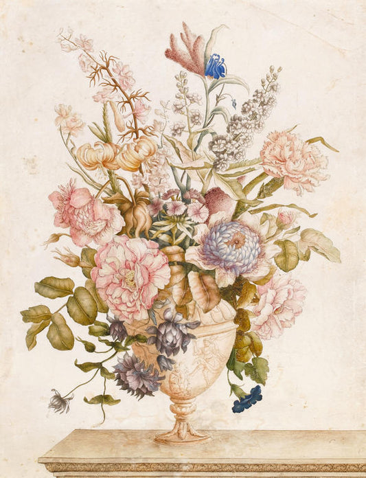 Still-life: flowers in a vase which stands on a marble ledge, vintage artwork by Nicolas Robert, 12x8" (A4) Poster