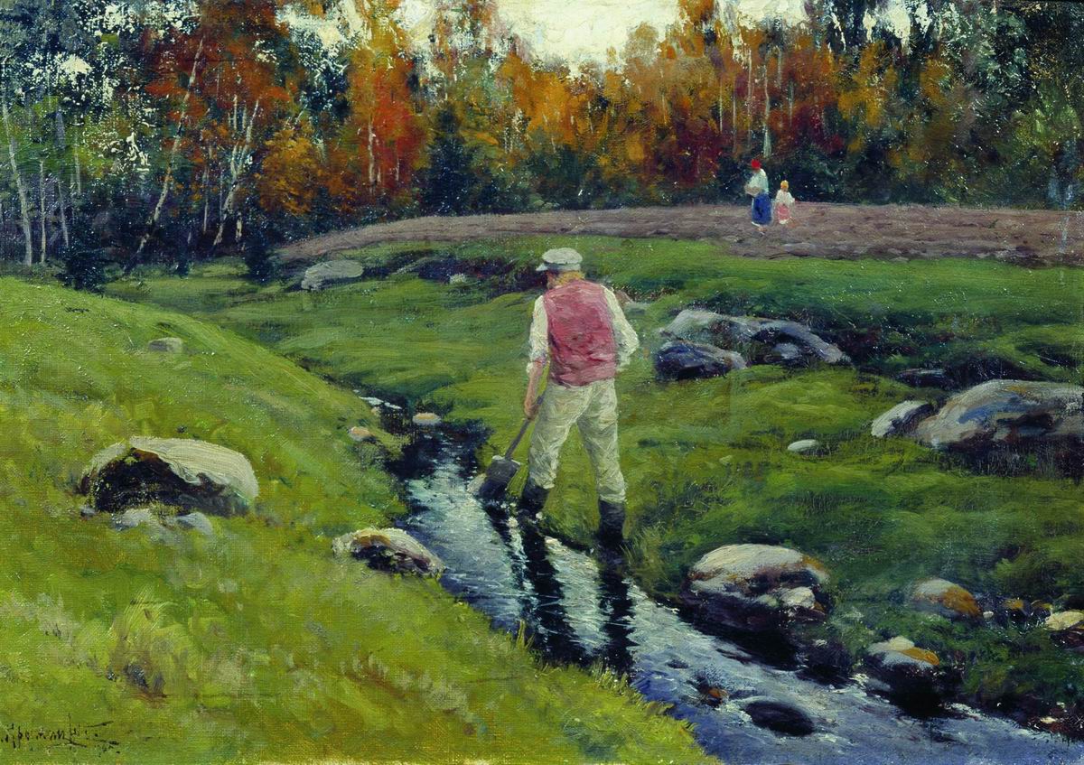 Landscape with a Worker by  the River, vintage artwork by Konstantin Kryzhitsky, 12x8" (A4) Poster
