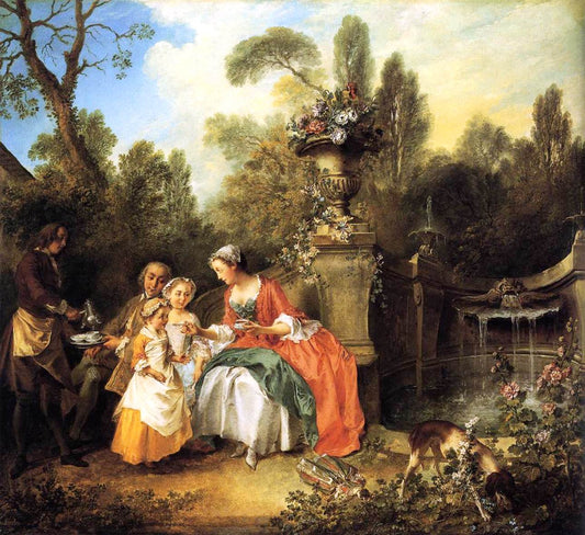 Lady and Gentleman with two Girls and a Servant, vintage artwork by Nicolas Lancret, 12x8" (A4) Poster