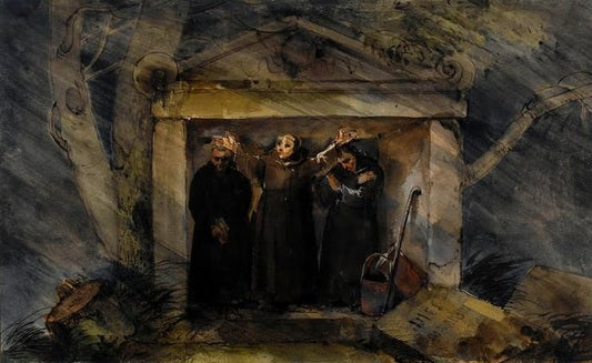 Monks sheltering from the rain in a tomb, vintage artwork by François-Marius Granet, 12x8" (A4) Poster