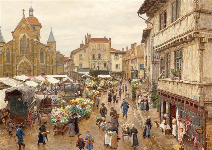 Market in Charlieu, vintage artwork by Marie-Francois Firmin-Girard, 12x8" (A4) Poster