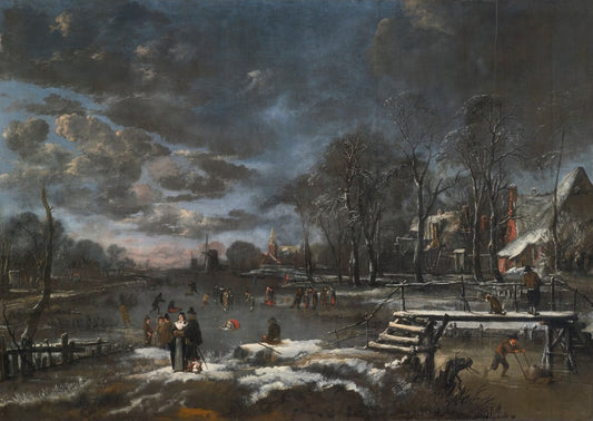 Skaters and Kolf Players on a Frozen River Bordering a Village, vintage artwork by Aert van der Neer, 12x8" (A4) Poster