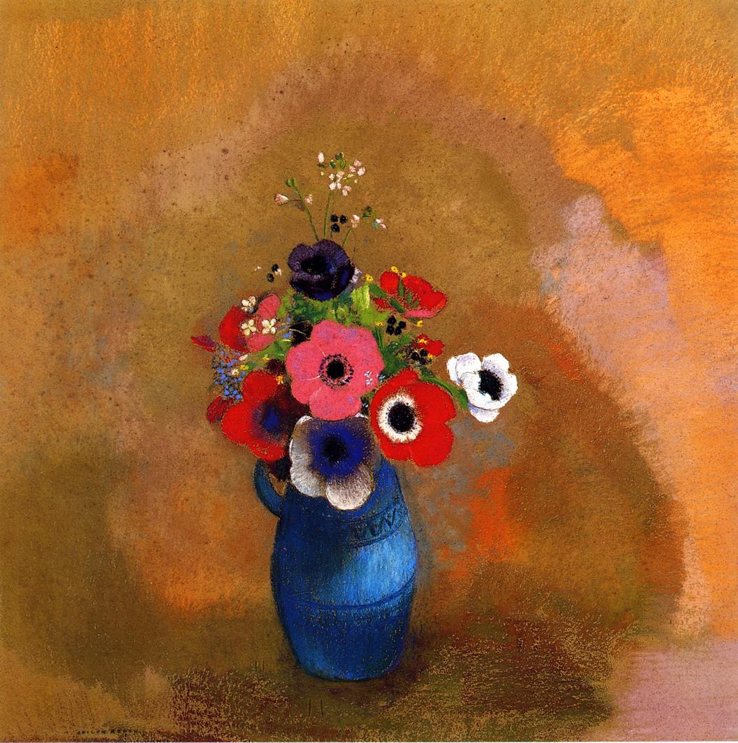Anemonies in a Blue Vase, vintage artwork by Odilon Redon, 12x8" (A4) Poster