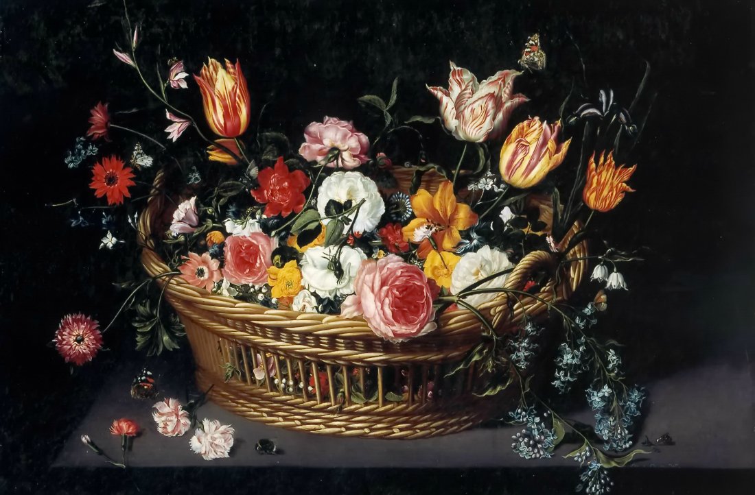 Still Life of Flowers in a Basket on a Stone Ledge, vintage artwork by Jan Brueghel the Younger, 12x8" (A4) Poster