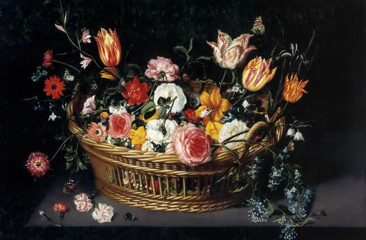 Still Life of Flowers in a Basket on a Stone Ledge, vintage artwork by Jan Brueghel the Younger, 12x8" (A4) Poster