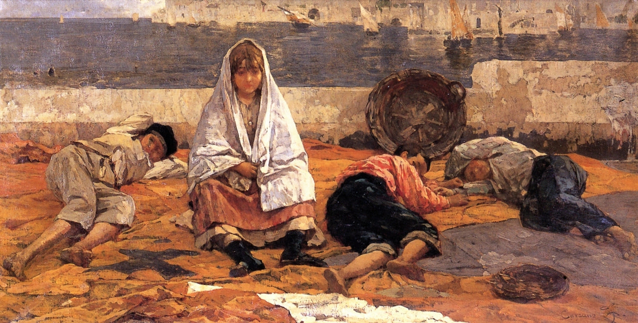 Workers at Rest, vintage artwork by Filippo Carcano, 12x8" (A4) Poster