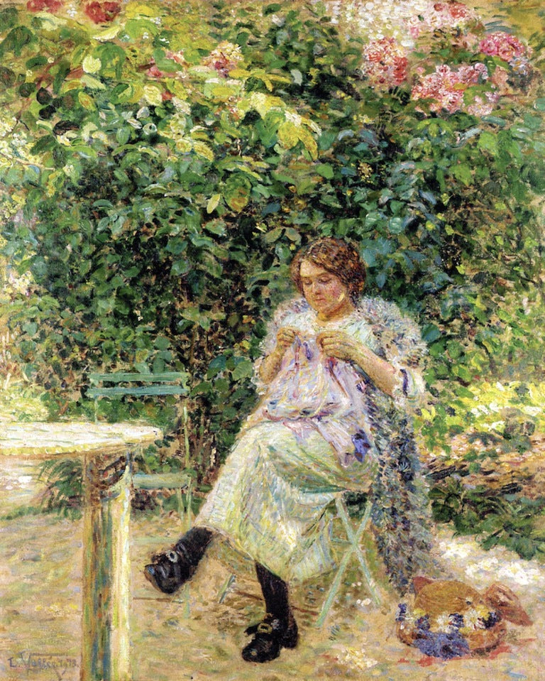 Woman Sewing in a Garden by Ludovic Vallee,A3(16x12")Poster