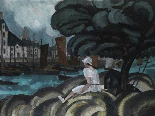 Woman sitting in front of a bridge, vintage artwork by Jean-Émile Laboureur, 12x8" (A4) Poster