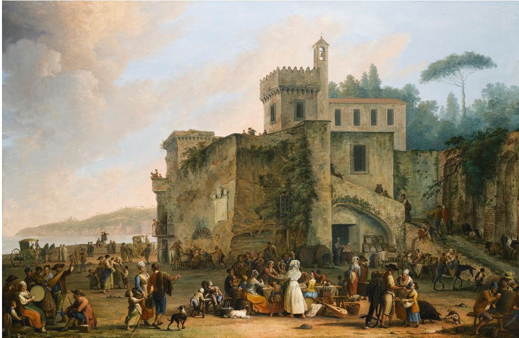 The Bay of Naples, a view of Mergellina with figures revelling and eating, vintage artwork by Pietro Fabris, 12x8" (A4) Poster