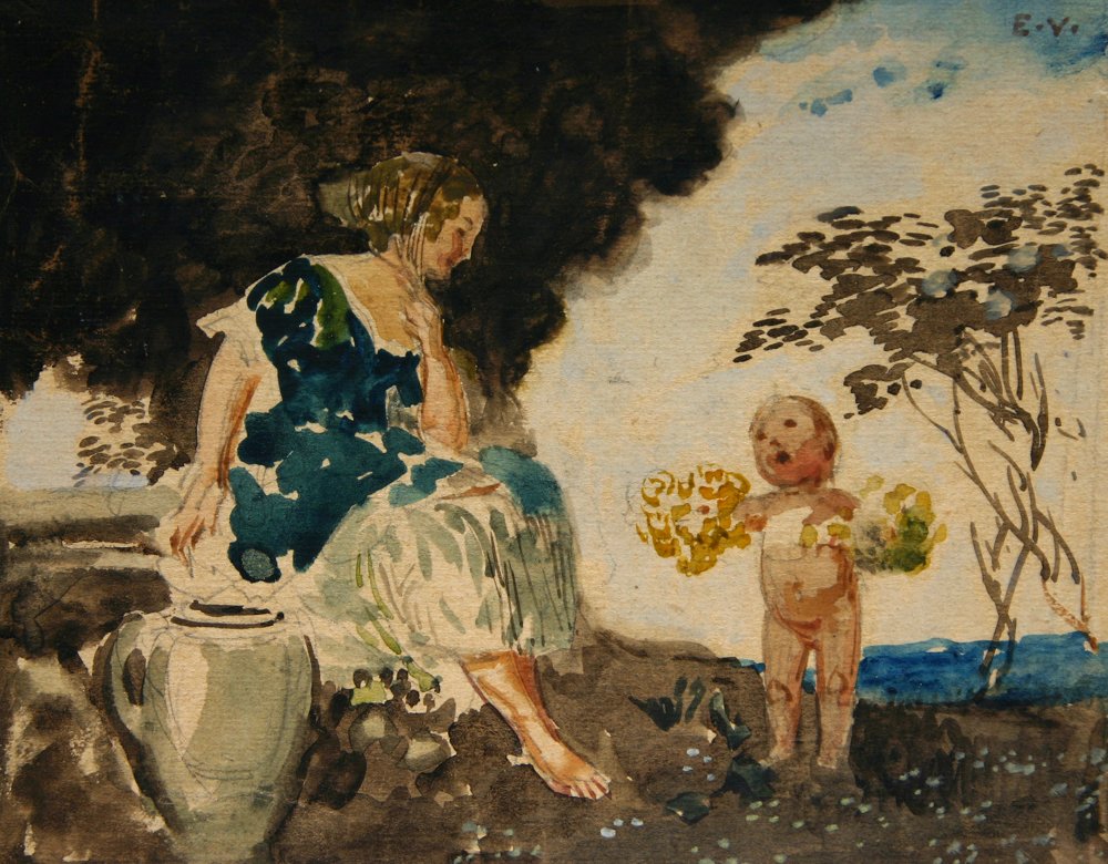 Woman with Cupid, vintage artwork by Eduard Veith, 12x8" (A4) Poster