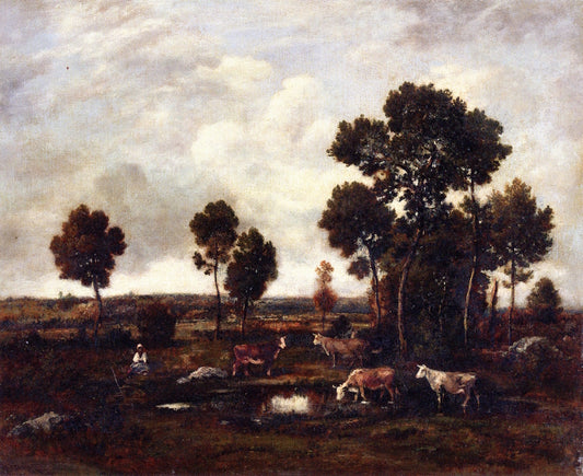 Four Cows and one Woman by  a Pond, vintage artwork by Narcisse Dìaz de la Peña, A3 (16x12") Poster Print